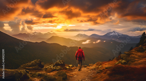 Summit Serenity: Hiker's Backview Amidst Sunset's Glow and Snowy Peaks, generative ai 