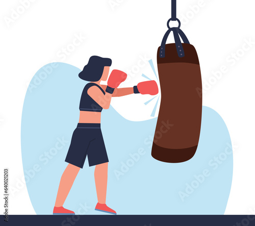Young athletic woman punches punching bag. Woman boxing in gloves. Young strong girl kickboxing workout, cartoon flat isolated character illustration. Vector professional sport training concept