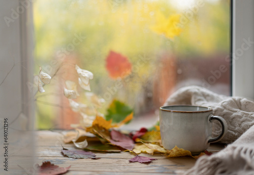 Cozy autumn concept. A cup of tea on a windowsill against a background of glass with raindrops