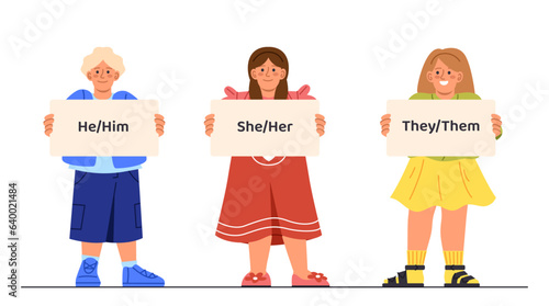 Kids with gender pronouns set. Boys and girls with tables and placards. He and him, she and her, they and them. Educational material. Cartoon flat vector collection isolated on white background