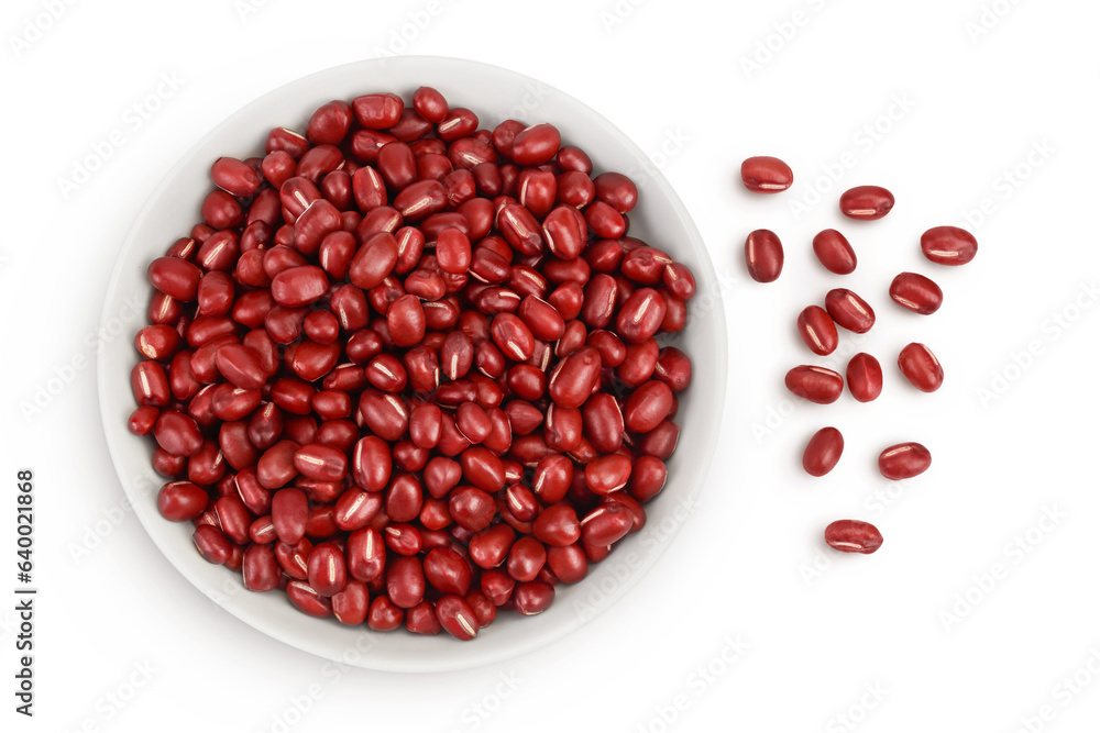 Red adzuki beans in ceramic bowl isolated on white background. Top view. Flat lay. Red adzuki beans in ceramic bowl isolated on white background. Top view. Flat lay.