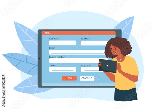 Girl fills out form concept. Woman logs in to website on Internet. Profile and account protection and safety. Character with website security system. Cartoon flat vector illustration
