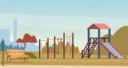 Kids playground. Cartoon background with outdoor place for kids attractions. Vector landscape