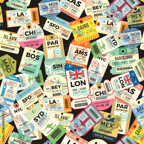Travel tags pattern. seamless background with luggage sticky labels. vector template