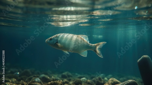 Underwater view with a fish near the reef in the tropical ocean. Tropical fish in coastal waters. Wildlife. Sea and ocean world. Life in a coral reef. Ecosystem.