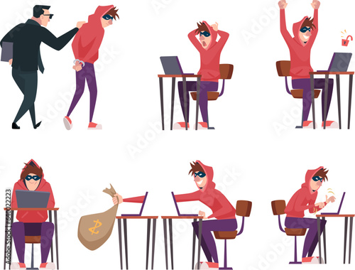 Hacker. Personal data hacking character with laptop exact vector masked online thief hacker