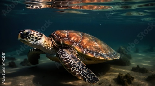 A giant golden sea turtle spreads its paws and swims in the blue depths of the sea or ocean.