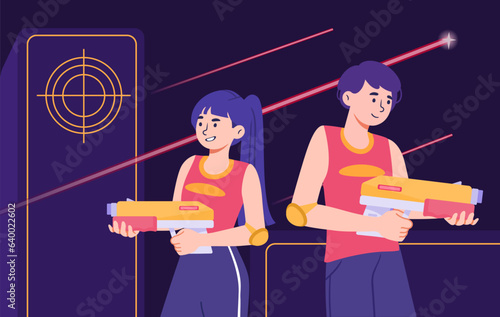 People in laser tag game concept. Man and woman with guns. Fun and entertainment. Armed club for virtual shooting. Template and mock up for advertising flyer. Cartoon flat vector illustration