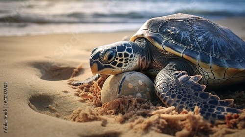 The turtle lays eggs in the clean sandy beach. Tortoise nesting. Female tortoise laying eggs.