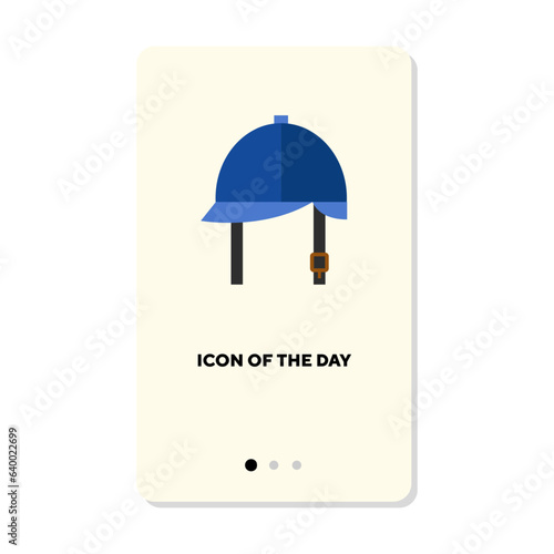 Blue jockey hat flat icon. Vertical sign or vector illustration of equipment for horse race or competition element. Horse riding, sports concept for web design and apps