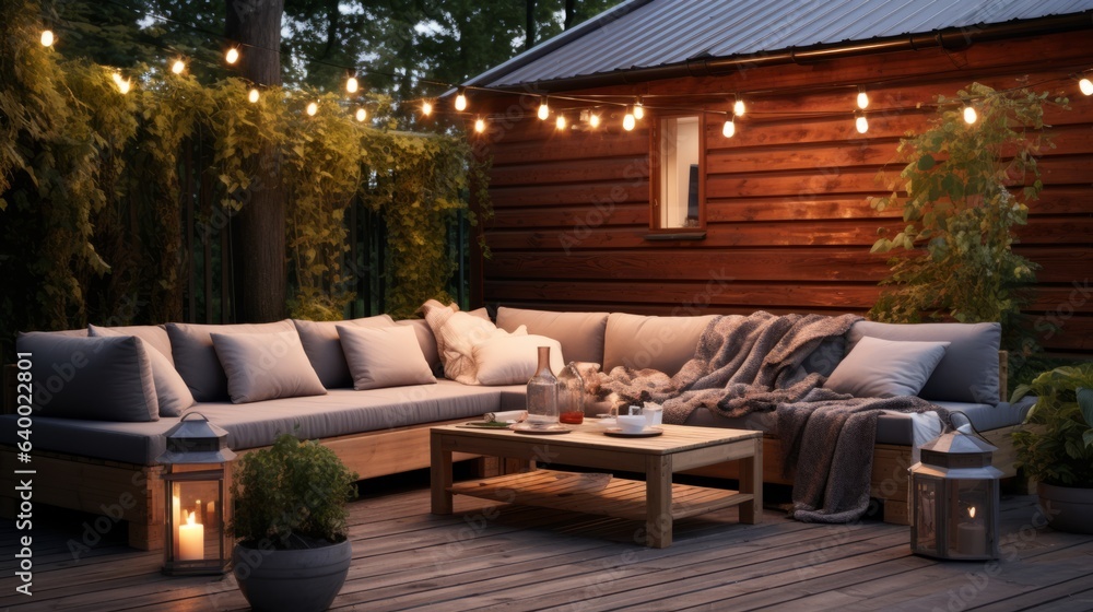 Photo of a cozy outdoor living space with a comfortable couch and a stylish table on a wooden deck
