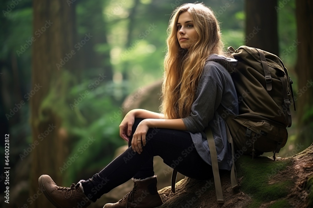 young and beautiful tourist with her backpack resting in the bush young and beautiful tourist with her backpack resting in the bush