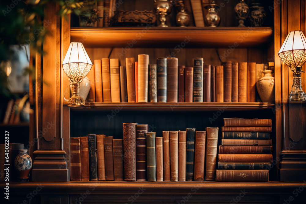 An intricate wooden bookshelf filled with assorted books, shot in a cozy home library, warm ambient light