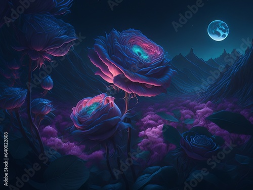 An otherworldly fantasy landscape where gigantic bioluminescent roses illuminate the night.