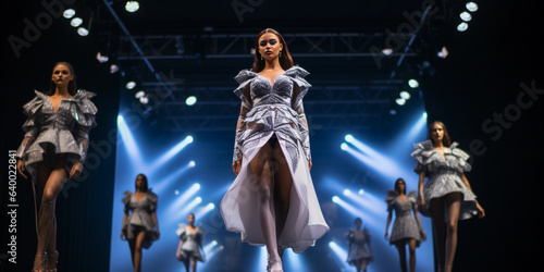 fashion show featuring sustainable fashion, models on the runway, dramatic lighting