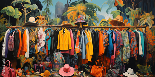 thrift shopping, vivid colors, high contrast, piles of clothes transforming into a vibrant jungle, surrealism, acrylic painting on canvas