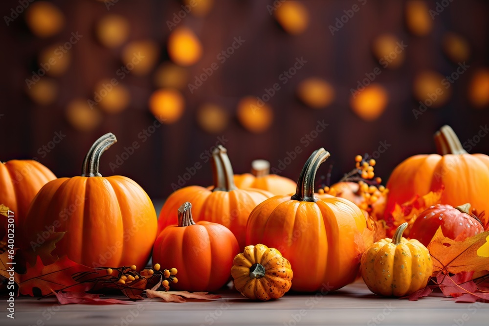 Fototapeta premium Festive autumn decor from pumpkins, leaves and lights on background