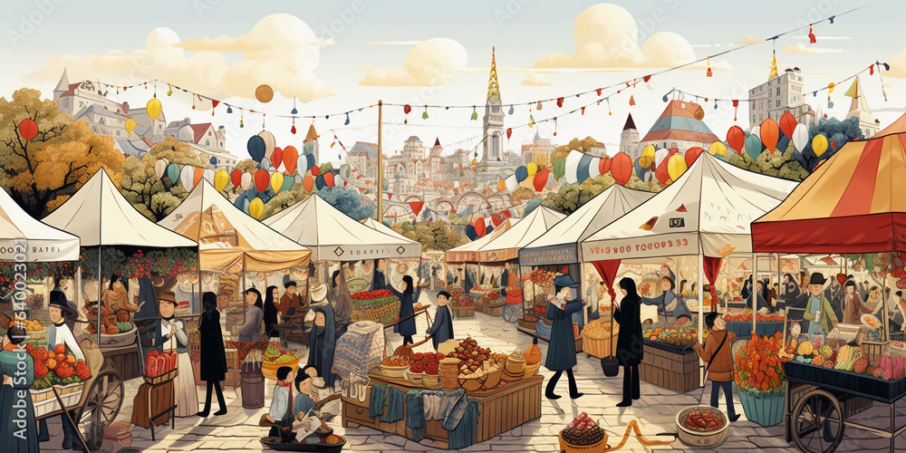 Illustration of a crowded farmer's market with stalls selling natural dyes, organic cotton, and artisanal crafts, bright and cheery, folk art style