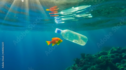 A fish and garbage plastic bottle in the water. Plastic pollution. Save nature. Stop ocean plastic contamination. Environmental ocean pollution. Underwater view.