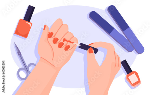 Red nails concept. Woman applying varnish at her fingernails with help of brush. Make up and cosmetics. Beauty and elegance, aesthetics. Scissors and saws. Cartoon flat vector illustration