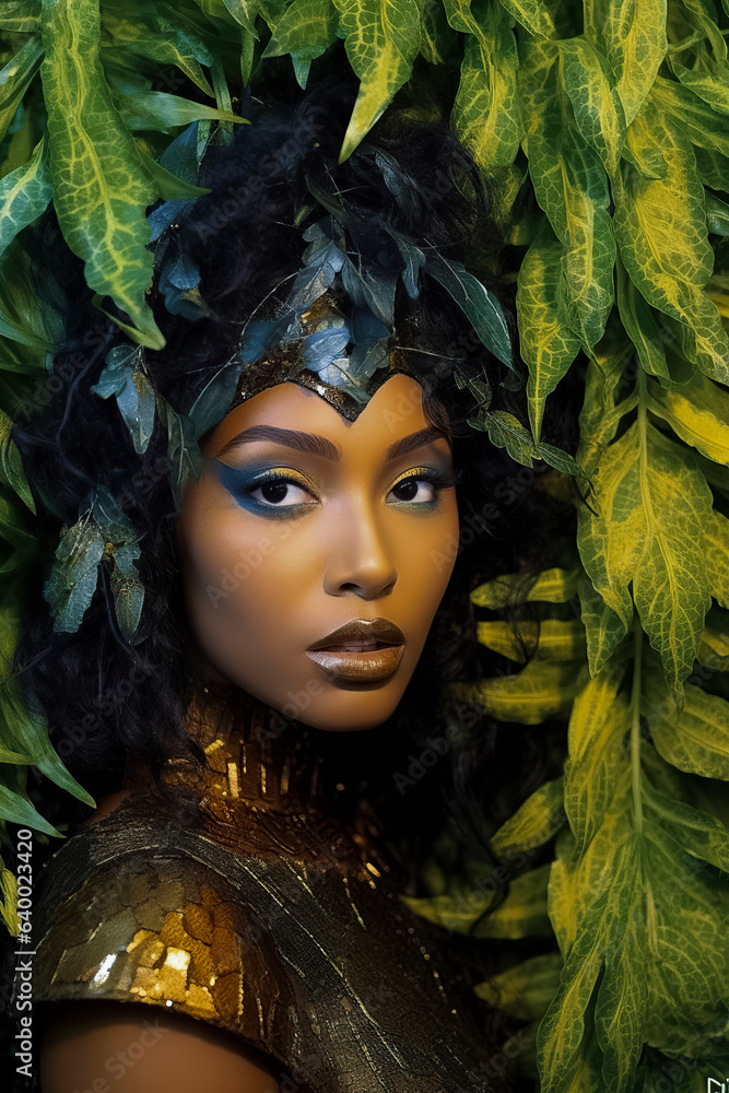 Elegant Black Beauty: Serene Woman Amidst Lush Green Leaves Radiates Natural Grace and Charisma, ai generative Elegant Black Beauty: Serene Woman Amidst Lush Green Leaves Radiates Natural Grace and Charisma, ai generative