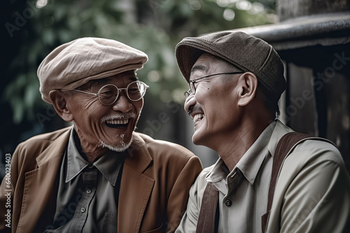 Asian Elderly's Infectious Laughter: Heartwarming Street Scene Radiates Joy and Cultural Connection, ai generative