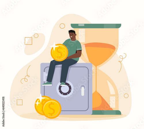 Man with money at safe concept. Young guy with gold coin near hourglasses. Financial literacy and savings. Character with budget. Safety and securty, cash protection. Cartoon flat vector illustration