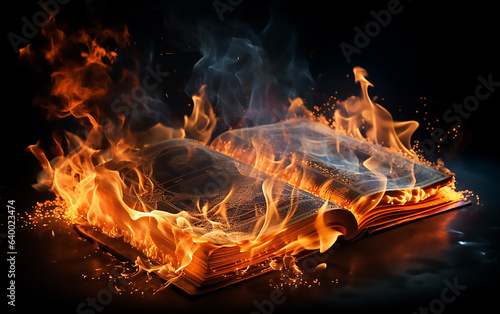 Burning book on black background . Generative AI