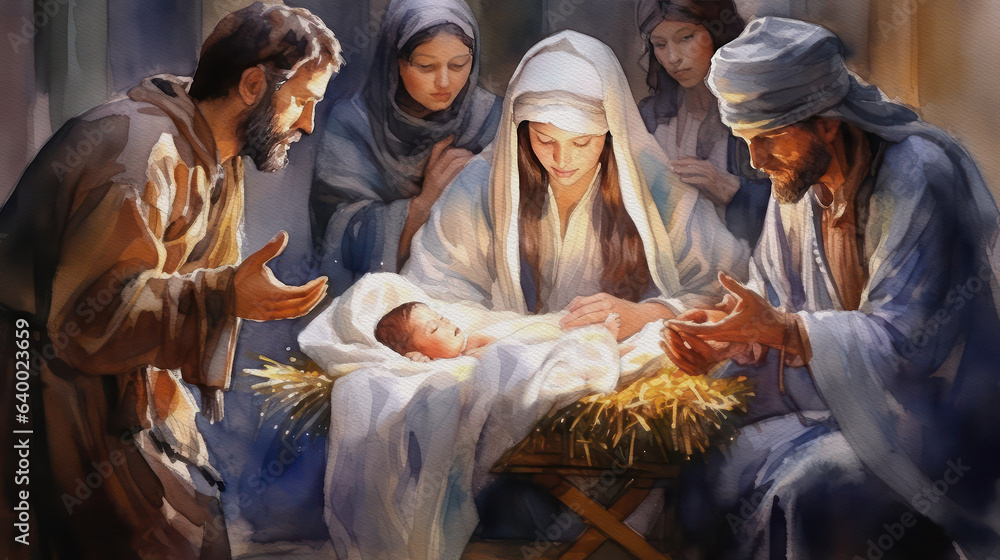Nativity scene, Christmas watercolor, generative ai Nativity scene, Christmas watercolor, generative ai