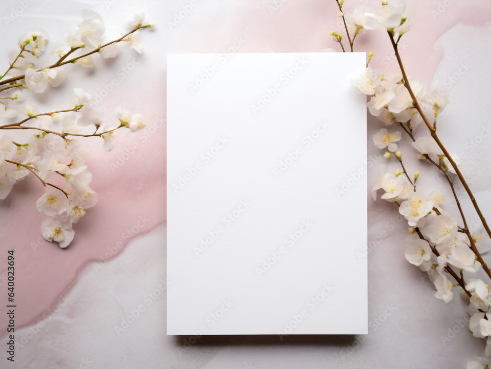 Blank white card lies on a pink marble background framed with white flowers.