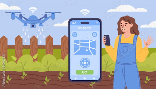 Farmer with smart technology concept. Woman with drone near field with harvest. Modern technologies and innovations. Mobile applications for farming and agriculture. Cartoon flat vector illustration