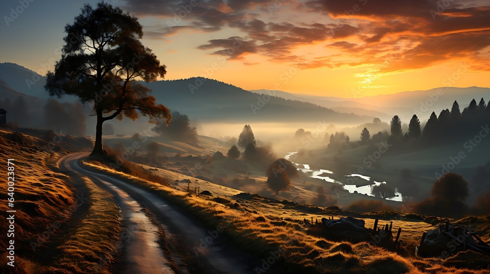 Autumn scenic mood of forests, rivers, hiking trails in calm mood and solitude. In the distance a breathtaking landscape at sunrise and sunset. - Generative AI - obrazy, fototapety, plakaty 