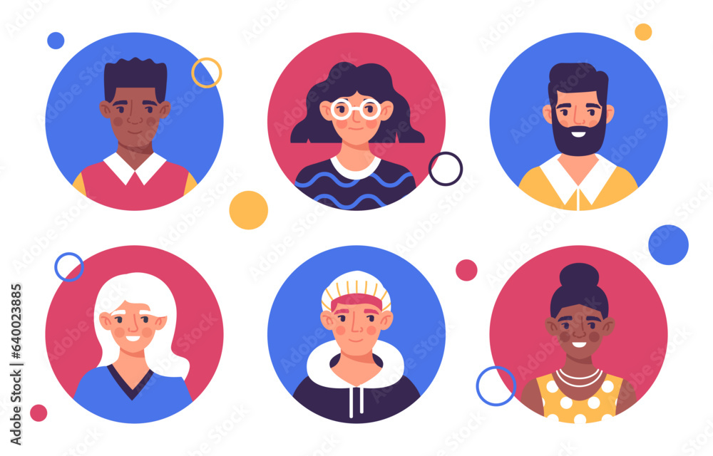 Set of users avatars concept. Pack of different men and women faces. Social networks and messengers. Design elements for website. Cartoon flat vector collection isolated on white background Set of users avatars concept. Pack of different men and women faces. Social networks and messengers. Design elements for website. Cartoon flat vector collection isolated on white background
