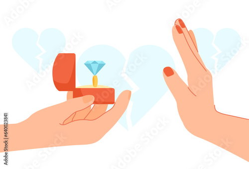 Unrequited love concept. Woman refuses diamond ring. Young girl refuses to marry bride. Relationship problems. Romance and love. Template and mock up. Cartoon flat vector illustration