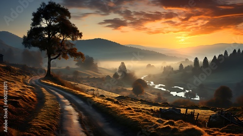 Autumn scenic mood of forests, rivers, hiking trails in calm mood and solitude. In the distance a breathtaking landscape at sunrise and sunset. - Generative AI photo