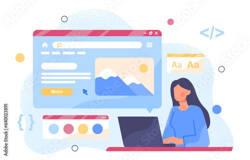 UX and UI designer cocept. Woman behind laptop developing interface for website page. Graphic designer and freelancer at workplace. Creativity and art. Cartoon flat vector illustration