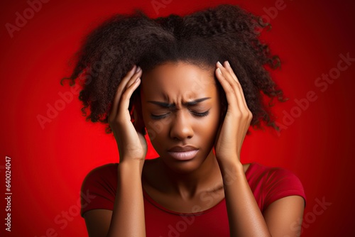 black woman model with stress and a headache holding her head with her hands in the studio © Jorge Ferreiro