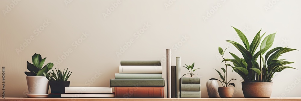books stacked on a tabletop against wall with copy space