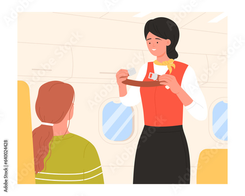 Cabin crew shows fasten belt safety measure. Passengers on airplane, stewardess emergency demonstration cartoon vector illustration