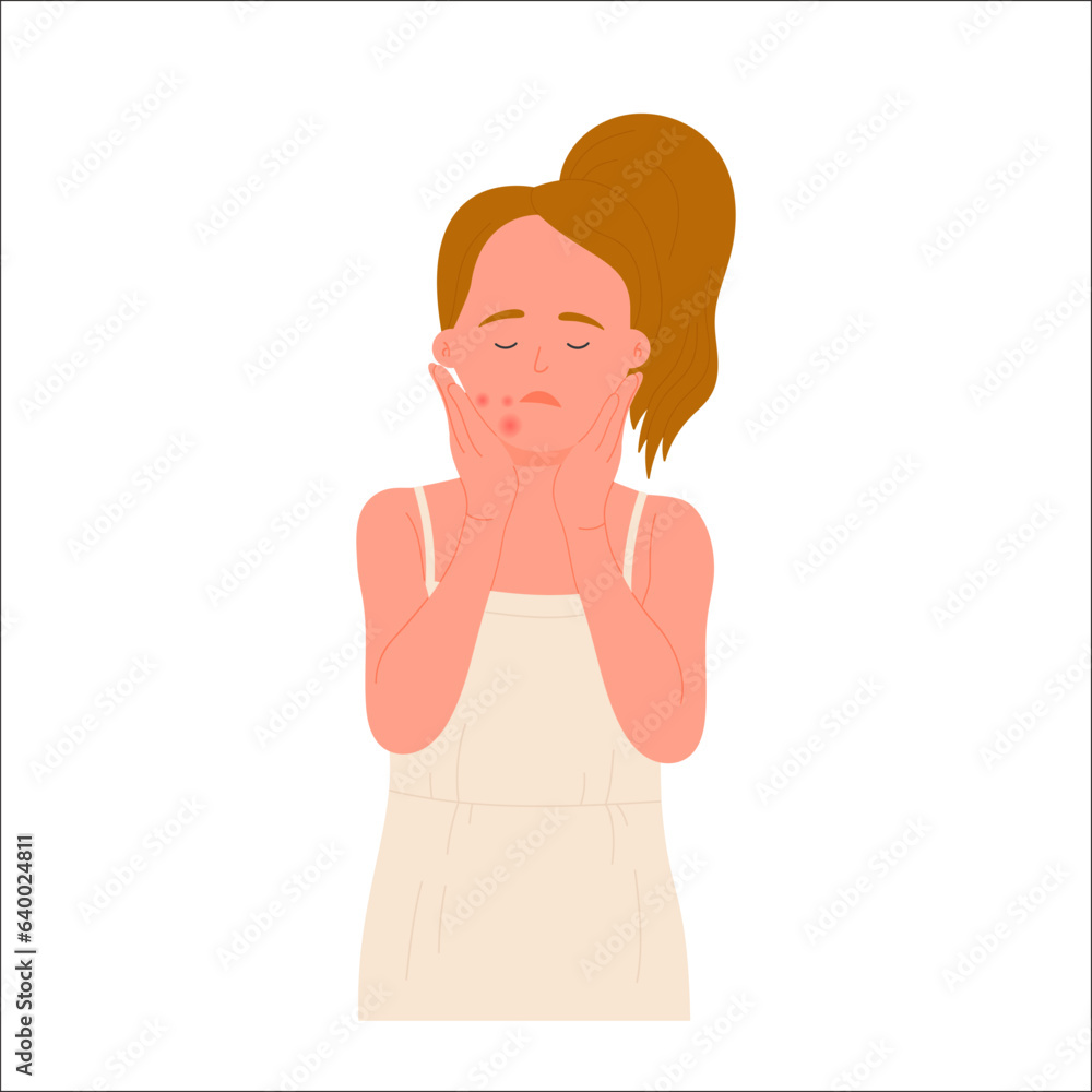 Sad girl with facial skin allergy. Rash on face, allergic reaction, acne pimples flat vector illustration Sad girl with facial skin allergy. Rash on face, allergic reaction, acne pimples flat vector illustration