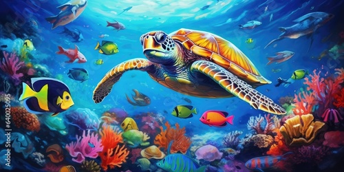 sea turtle swimming underwater in the blue ocean with colorful fish and coral