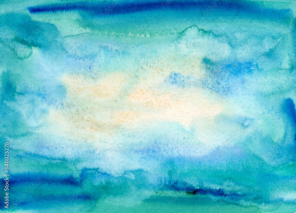 Watercolor abstract turquoise background. Sky blue illustration for design.