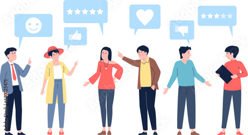 People grading. Satisfying customers, review and comments. Person giving rate or feedback. Social media likes, clients discuss recent vector characters