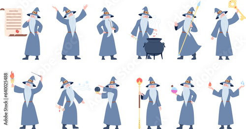 Old wizard, medieval sorcerer cartoon characters. Magician man doing magic and wear magical costume. Flat wise male druid recent vector set