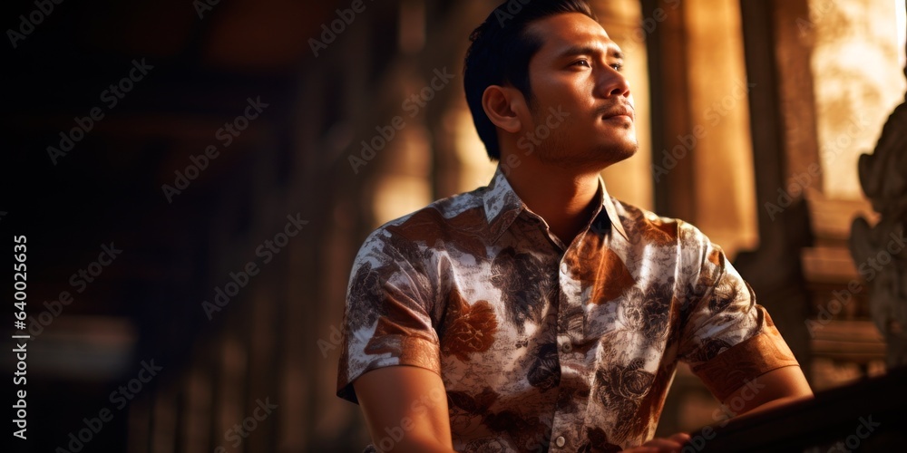 Indonesian Man in Batik Shirt Against Bali Temple Backdrop, Space for Text.