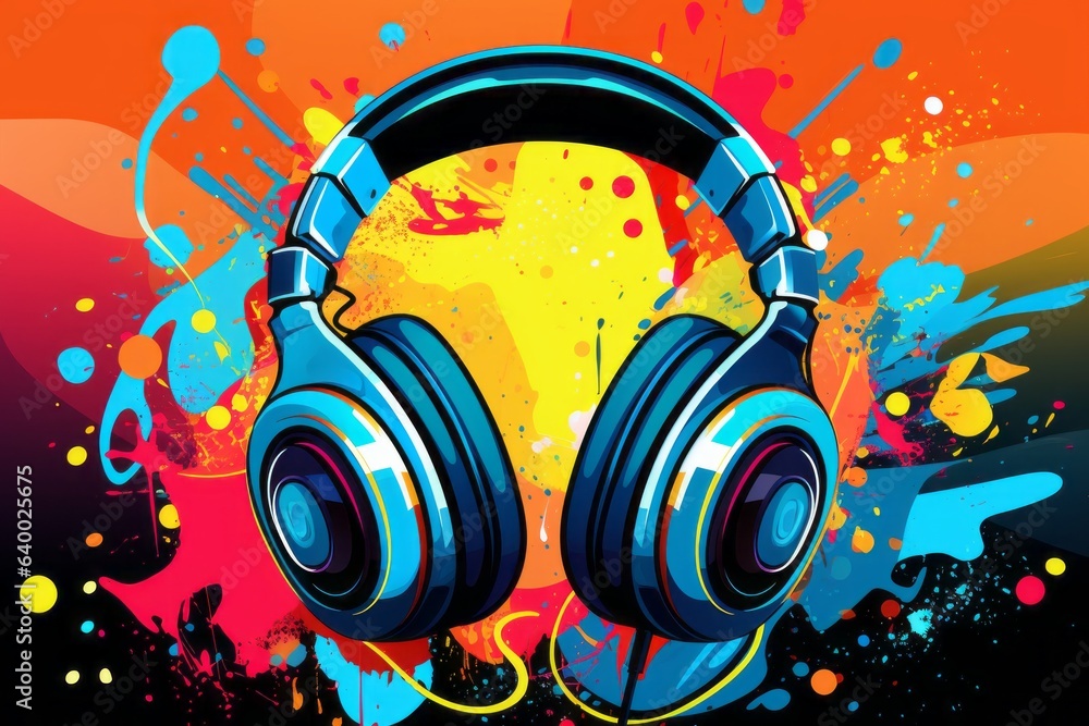Obraz premium Groovy headphones on vibrant pop art backdrop, Generative AI