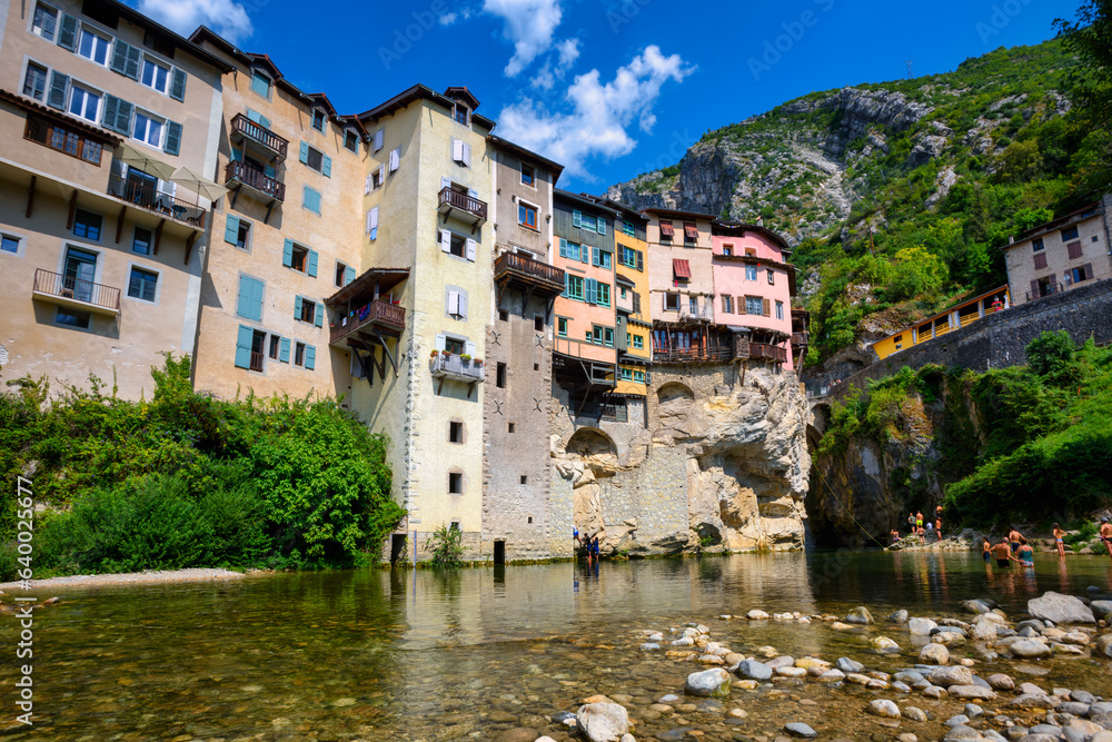 Obraz premium Hanging houses in Pont-en-Royans historical town, Vercors Massif, France