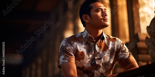 Indonesian Man in Batik Shirt Against Bali Temple Backdrop, Space for Text.