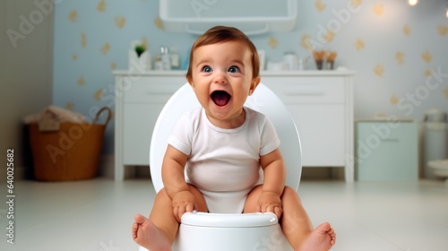 Toddler Triumphantly Sitting on a Potty, Sanitary White Background, Space for Text.