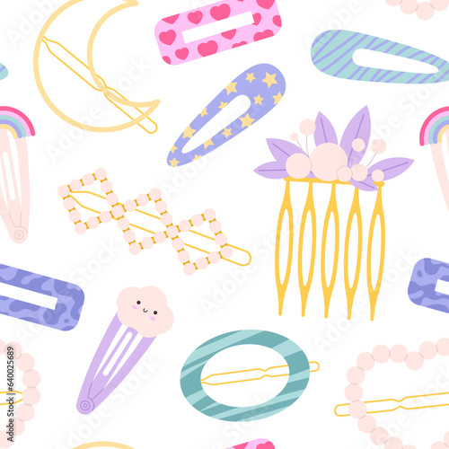 Hair clips and pins seamless pattern. Fashion plastic head accessories, decorative hairdressing element with beads and prints. Girly fashion racy vector design